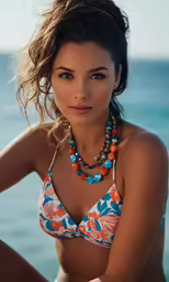 woman in flowered bikini top on beach posing