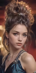 a beautiful young woman wearing an intricate dress and silver necklace