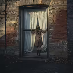 a woman in a raincoat and hood standing next to an open window
