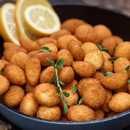 a bowl full of fried balls with sprig of mint and lemon wedge