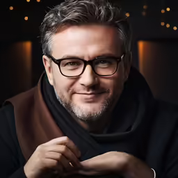 a man with gray hair and glasses wearing a scarf