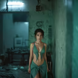 the woman in the green bathing suit is posing