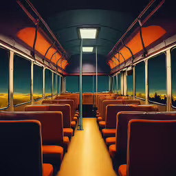 there is an empty bus that has orange seats,a empty seated train car sitting in a station