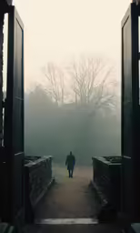 a man walking up a foggy walkway