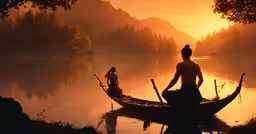 a person sitting on the side of a boat in water,a man and woman in a canoe in the water
