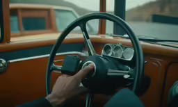a person holding on to the steering wheel of an old fashioned car