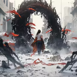 a person standing in front of a tunnel of fire
