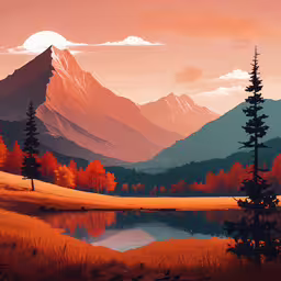 a painting of a forest and mountains,a painting shows mountains, a lake and trees on an orange sunset