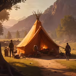 people stand near a tent set up in the grass,two men standing in front of a tent with fire