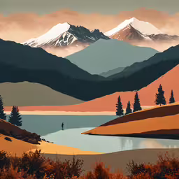 a mountain scene with a man fishing and the sun setting,there is an image of a scenic mountain scene