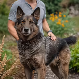 a dog standing next to a person on a walk way