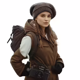 a woman holding a camera in a brown jacket