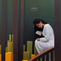 a woman is reading a paper on a ledge with an artistic background