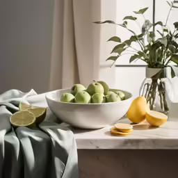 green apples in white bowl on counter next to lemons