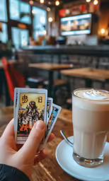 a hand holding three cards next to a cup of coffee