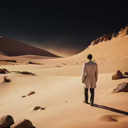 a man in a white coat standing in the middle of the desert