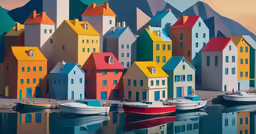 a colorful coastal scene shows a row of boats in the water and a view of boats docked on the water