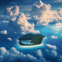 an island in the middle of clouds and blue water