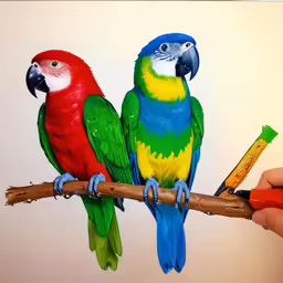 two colorful parrots sitting on a branch with a glue - drawn design in it