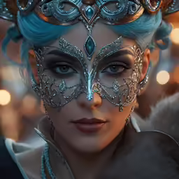 a girl with blue hair wearing silver and face jewels