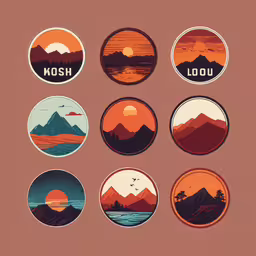 8 colorful stickers with the words kosh printed on them,several stickers of different types of mountain peaks
