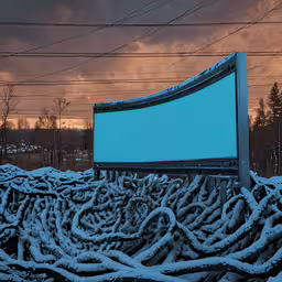 large group of wires covered in chains and an outdoor projector,the large screen on the roof of the building is covered in heavy chains