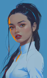 an illustration of a woman with dark hair and orange eyes