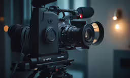 the black camera is on a tripod in a darkened room
