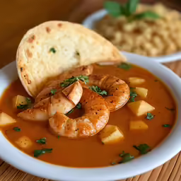 a bowl of soup with shrimp and potatoes