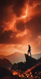 a lone person standing on top of a rocky cliff under a stormy sky