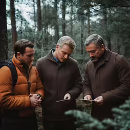 three men looking at something on their smartphones in the forest