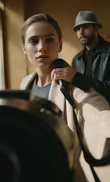 a man and woman standing behind an open air blow dryer