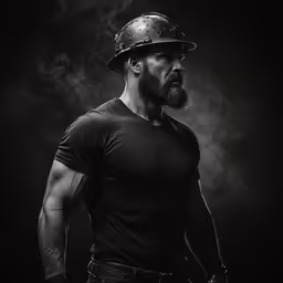 a man with a hard hat on and no shirt