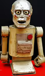 a vintage robot with blood on its face and chest