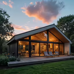 modern glass house sitting on an open field