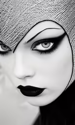 black and white photograph of woman wearing black lipstick