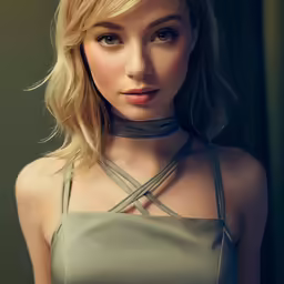 young woman in halter top and choker by the wall