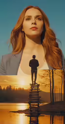 a woman standing on a bridge with trees and water in the background
