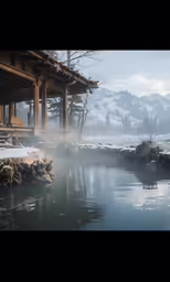 a view of some water in the snow