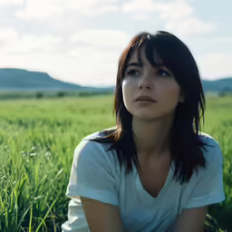 a woman is sitting in a field looking off