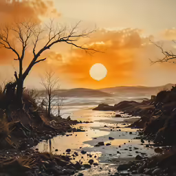 the sun rises over a small river by the mountains