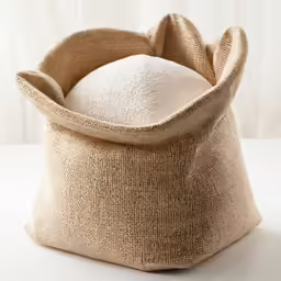 a small white ball sits inside of a burlidged bag