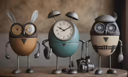 a group of three decorative clocks made to look like little monsters