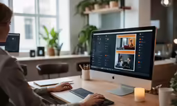 woman looking at computer screen showing photos