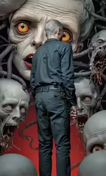 a man in front of a wall with some creepy things on it