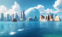 an artistic painting of cityscape with blue skies and clouds