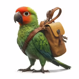 a small parrot with a backpack sitting on its back