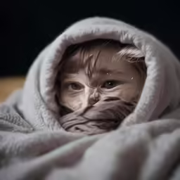 a child with a blanket covering his face
