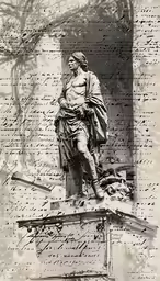 an old statue on top of some type of document