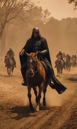 a group of men on horses and some other animals
